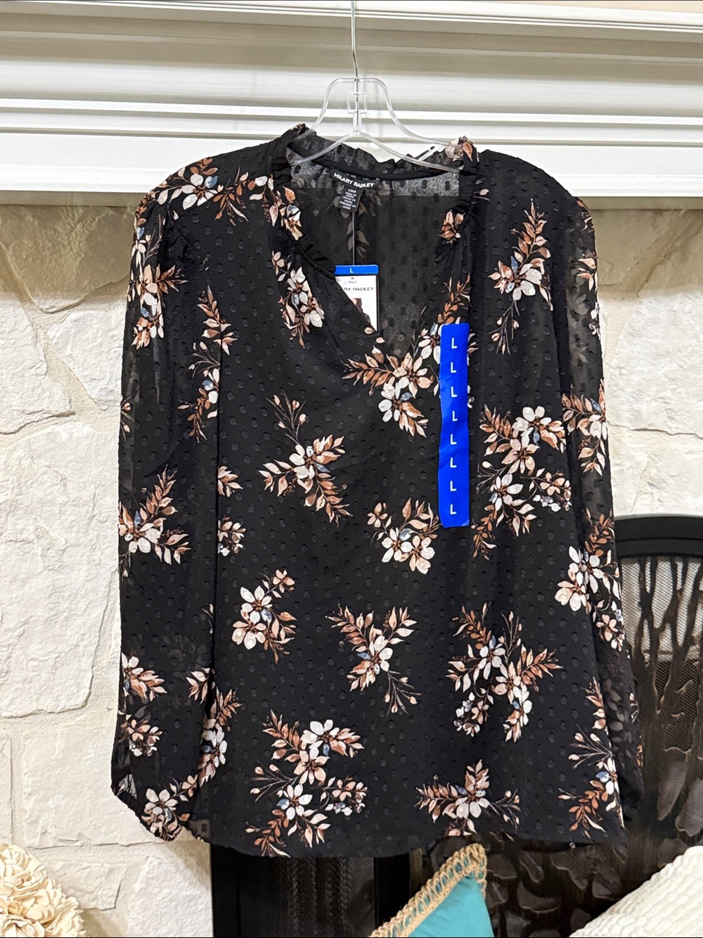 Hilary Radley Black Floral Sheer Dot Blouse